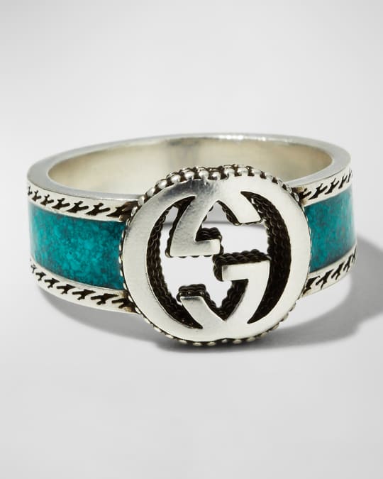 【Gucci】 Ring With Interlocking G Silver Turquoise Enamel GUCCI Interlocking G Sterling Silver And Turquoise Enamel
