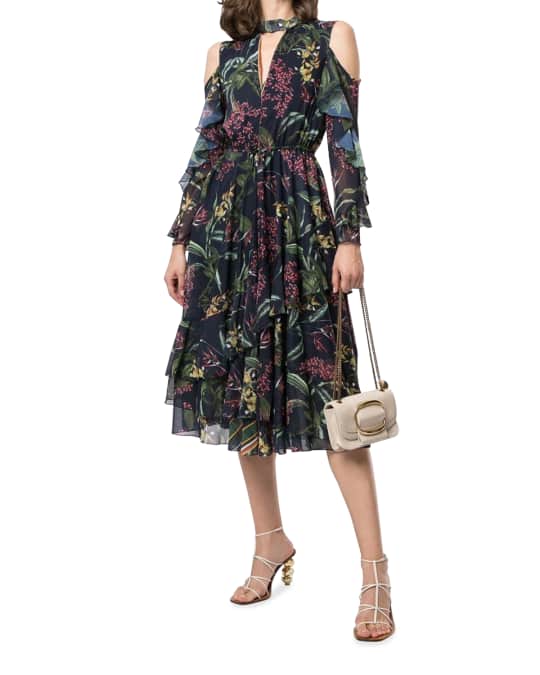 Floral Print Cold Shoulder Ruffle Midi Dress