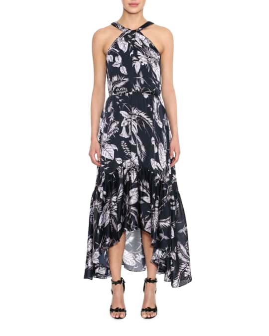Marchesa Notte Floral Charmeuse High-Low Ruffle-Hem Halter Dress | Neiman  Marcus