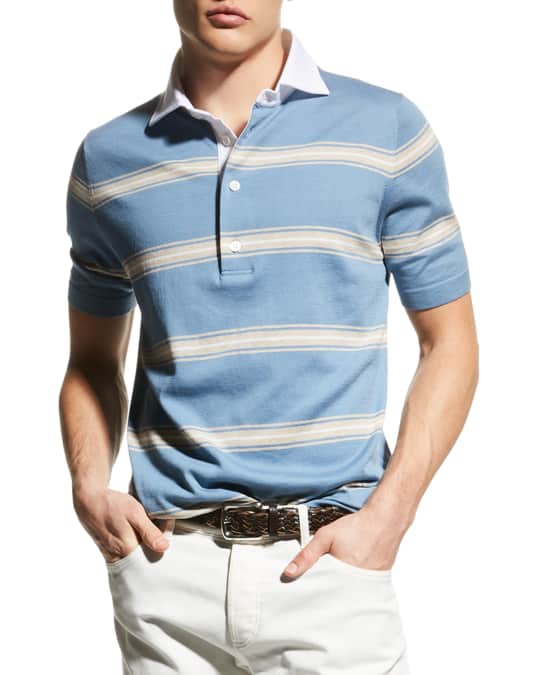 Brunello Cucinelli Men's Rugby Striped Polo Shirt w/ Oxford Collar