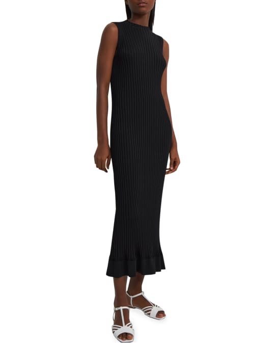 Theory Flared Hem Glossy Ribbed Midi Dress Neiman Marcus