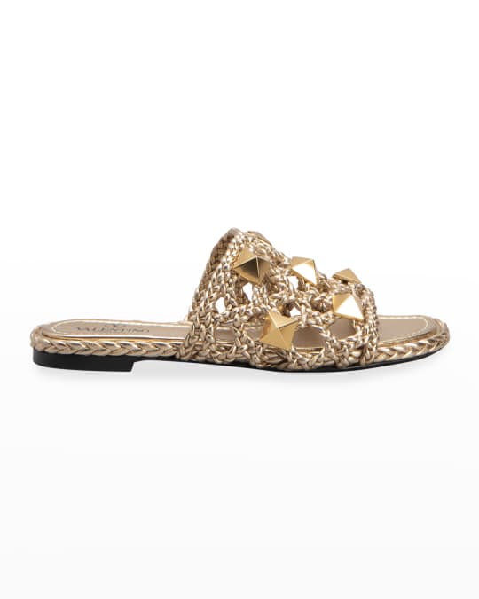 Valentino Garavani Metallic Woven Roman Stud Slide Sandals | Neiman Marcus