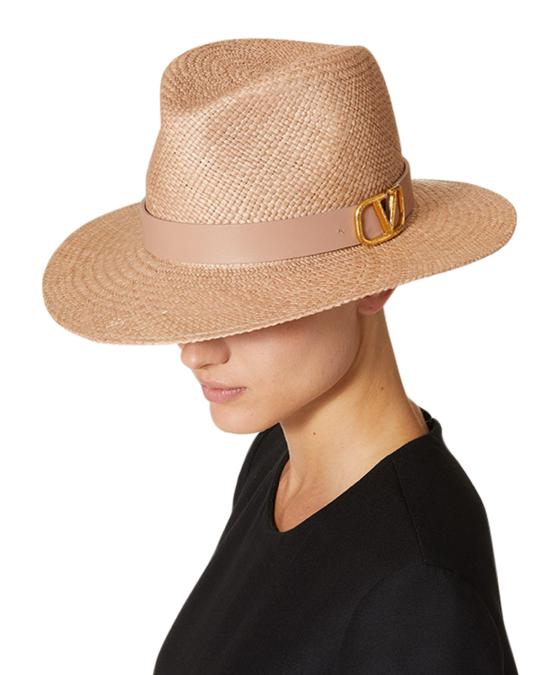 Valentino Tan Woven Straw Hat with Black Embroidered Logo Band VALENTINO GARAVANI VLOGO faux straw sun hat | THE OUTNET main image 4