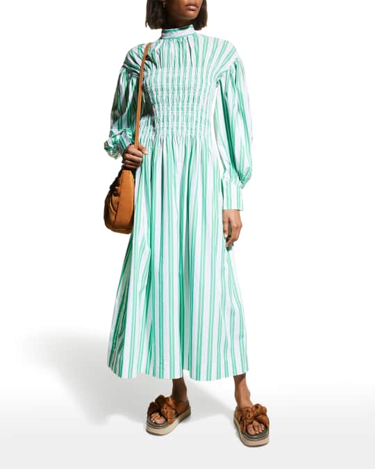 Balloon-Sleeve Stripe Cotton Dress
