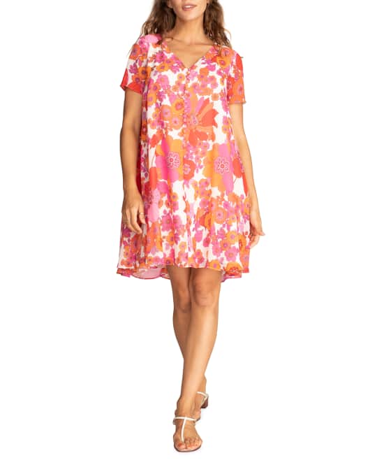 Trina Turk Pansy Floral-Print Short-Sleeve Dress | Neiman Marcus