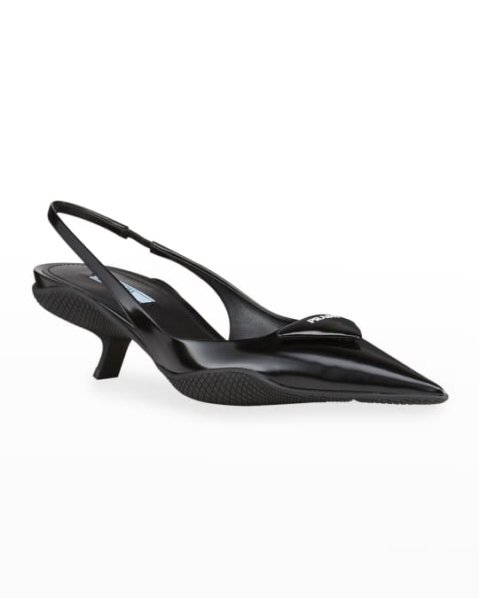 Prada Triangle Logo Kitten-Heel Slingback Pumps | Neiman Marcus