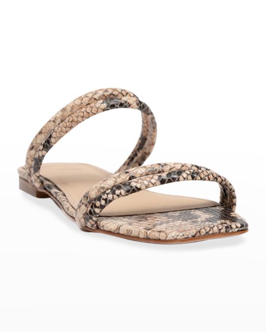 Black Suede Studio Renata Python-Print Flat Sandals | Neiman Marcus