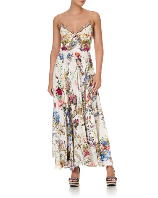 Camilla Sweetheart Floral Long Dress w/ Tie-Front | Neiman Marcus