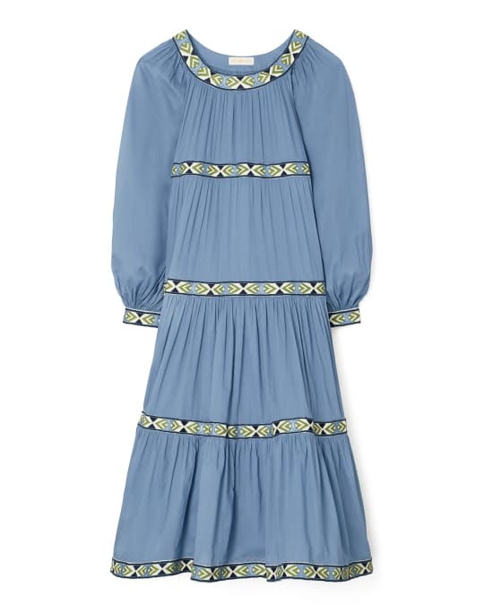 Tory Burch Puffed-Sleeve Tiered Midi Dress | Neiman Marcus