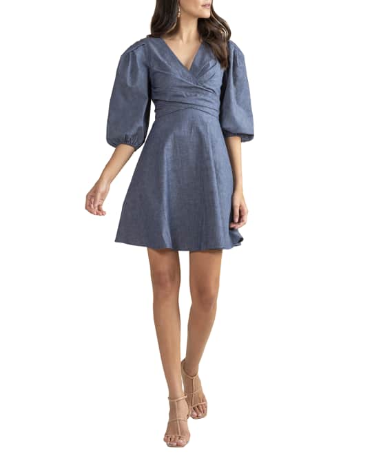 Shoshanna Kiora Puff Sleeve Short Denim Dress Neiman Marcus
