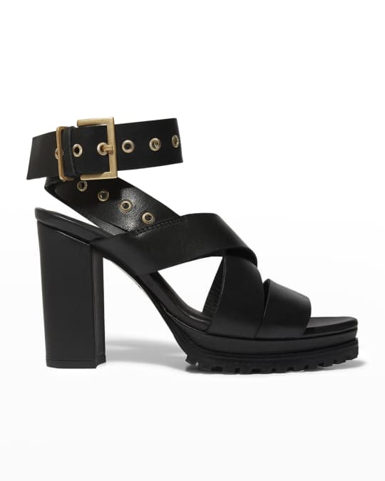 AllSaints Sienna Leather Block-Heel Sandals | Neiman Marcus