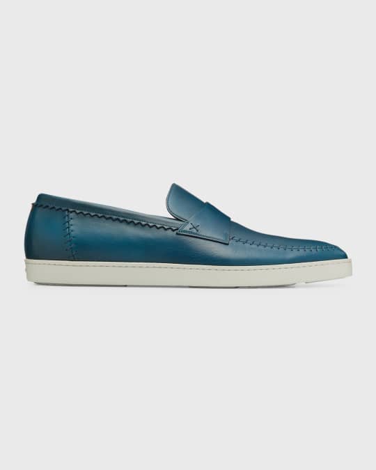 Santoni Men's Banker Stitched Leather Loafers, Light Blue | Neiman Marcus