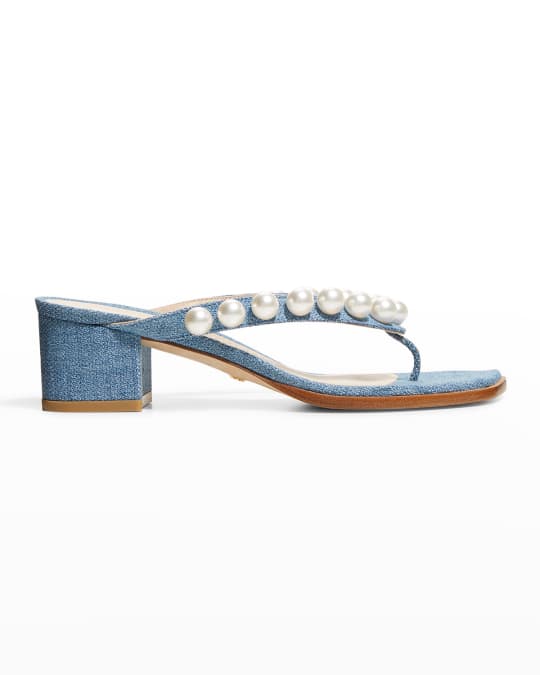 Stuart Weitzman Goldie 50 Pearly Stud Denim Sandals | Neiman