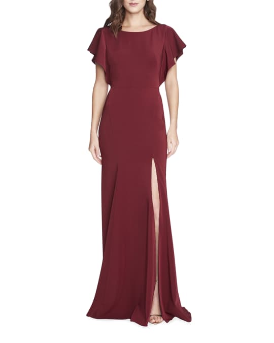 Marchesa Notte Bridesmaid Boat-Neck Ruffle-Sleeve Slit Gown | Neiman Marcus