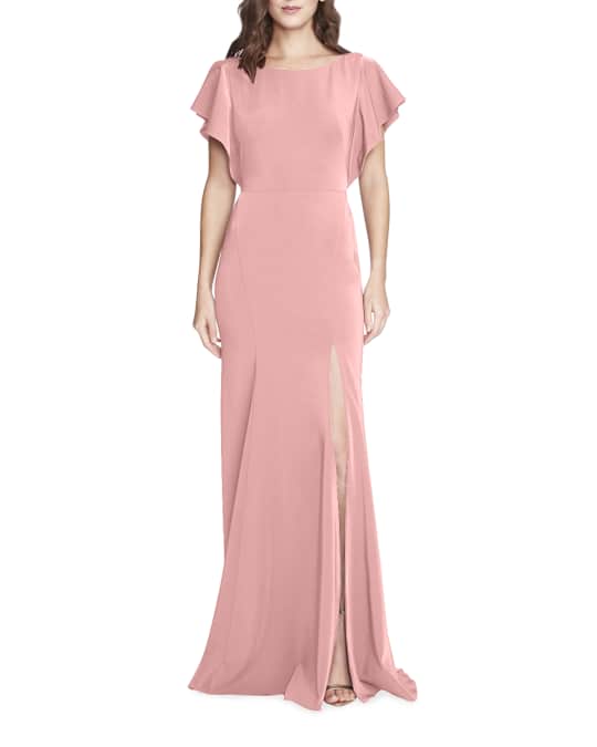 Marchesa Notte Bridesmaid Boat-Neck Ruffle-Sleeve Slit Gown