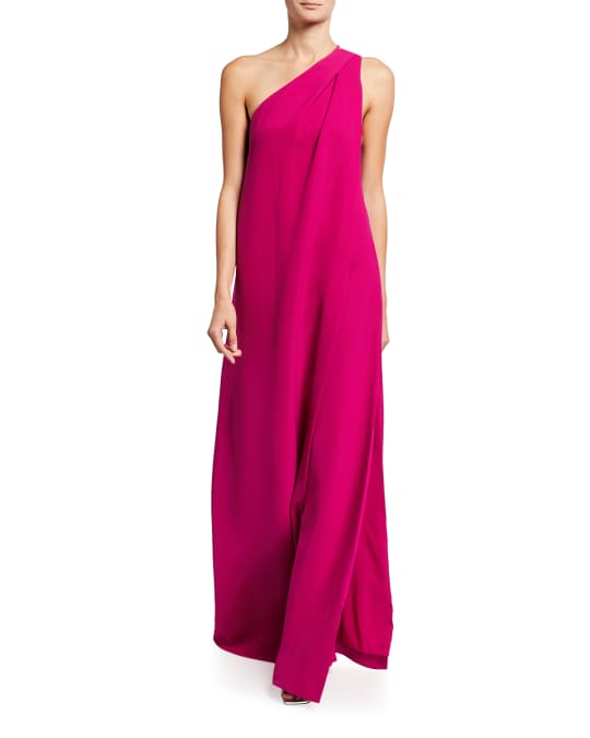 Halston One-Shoulder Crepe Gown w/ Drape Overlay | Neiman Marcus