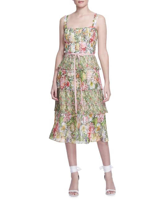 Marchesa Notte Floral Ruffle-Tiered Chiffon Midi Dress | Neiman Marcus