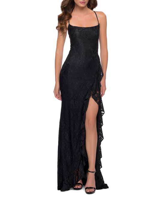 La Femme Ruffled Lace Strappy Gown with Slit | Neiman Marcus