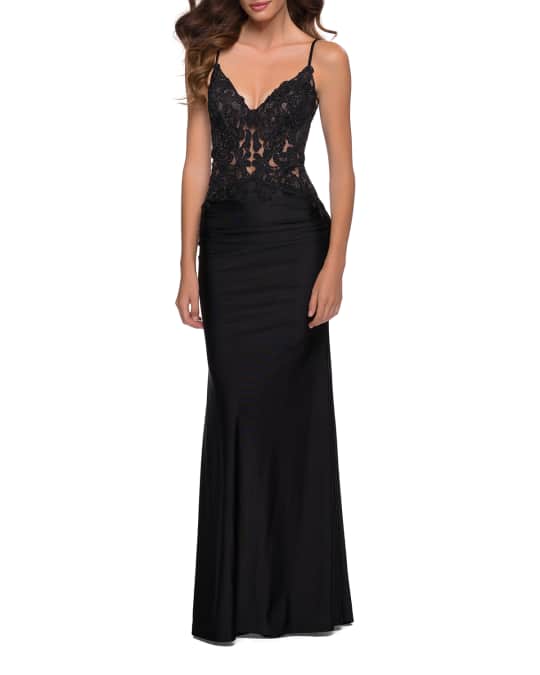 La Femme Sequined Lace Jersey Gown with Sheer Bodice | Neiman Marcus