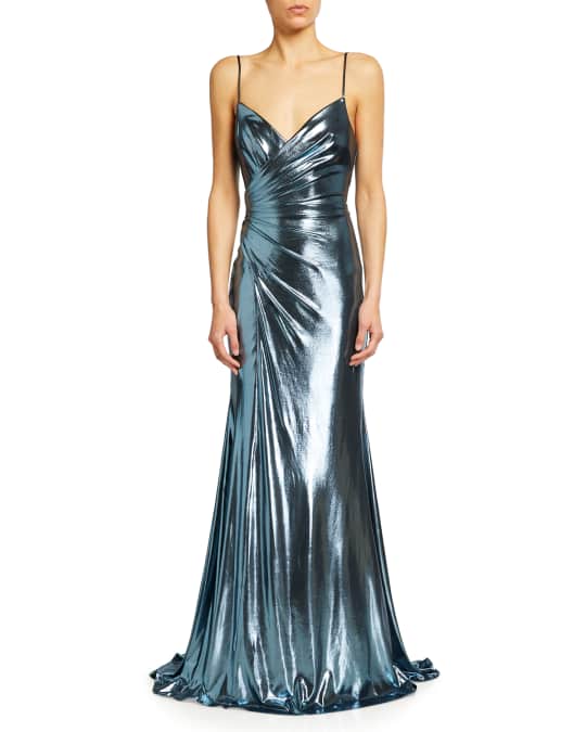 Faviana Lace-Up Back Ruched Metallic Gown | Neiman Marcus