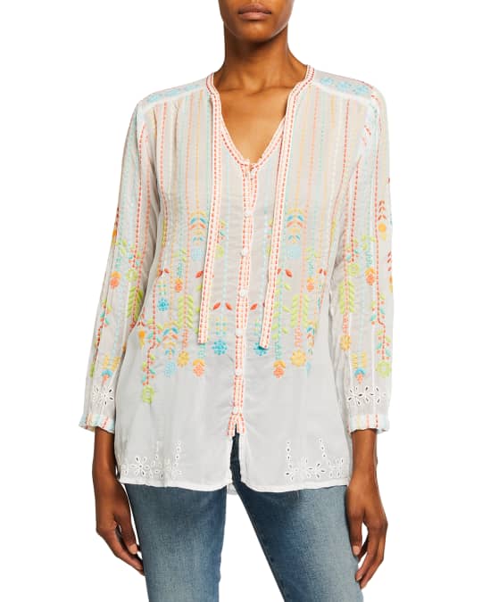 Johnny Was Stitch Embroidered Georgette Blouse | Neiman Marcus