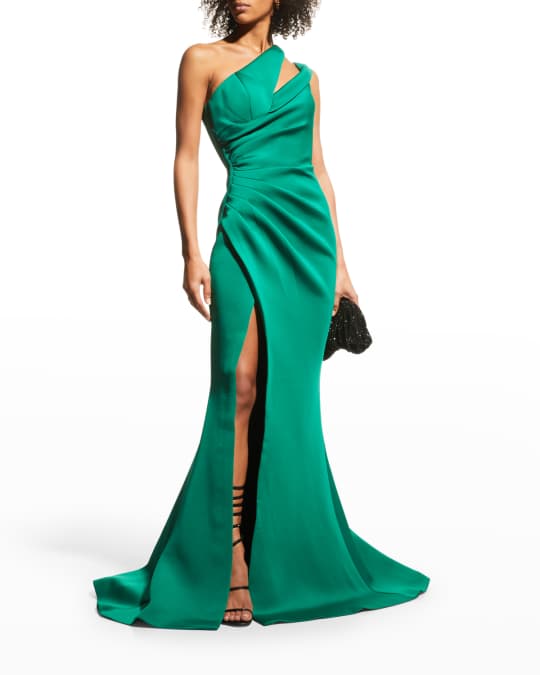 Jovani One-Shoulder Ruched Scuba Mermaid Gown | Neiman Marcus