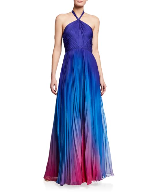 Marchesa Notte Pleated Ombre Chiffon Halter Gown | Neiman Marcus