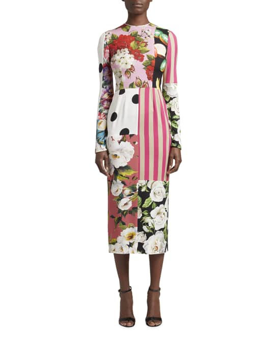 Dolce&Gabbana Patchwork-Print Cady Midi Dress | Neiman Marcus