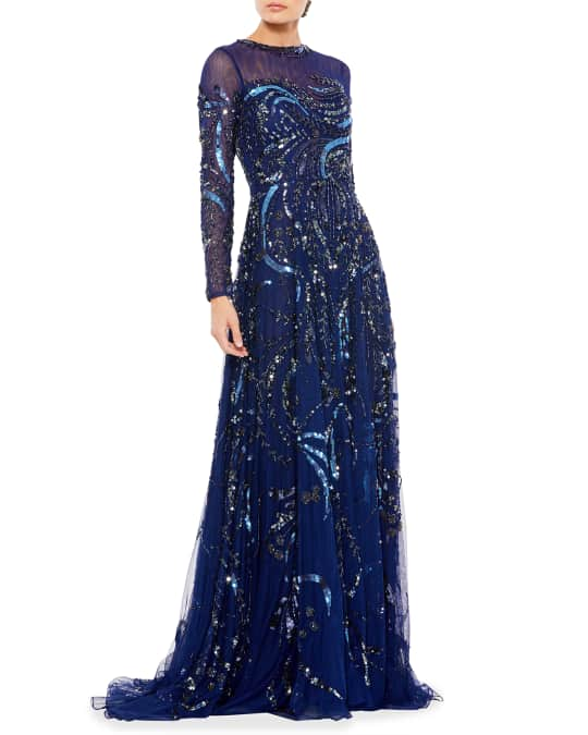 Mac Duggal Long-Sleeve Beaded A-Line Gown | Neiman Marcus