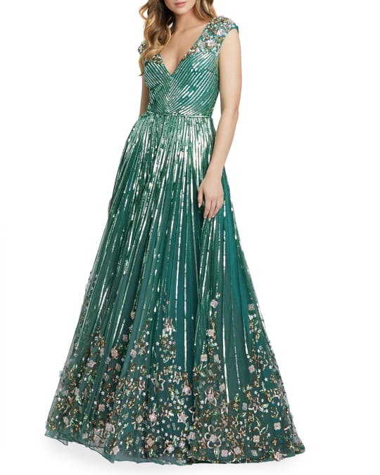 Mac Duggal Cap Sleeve Sequin Starburst A Line Gown Neiman Marcus