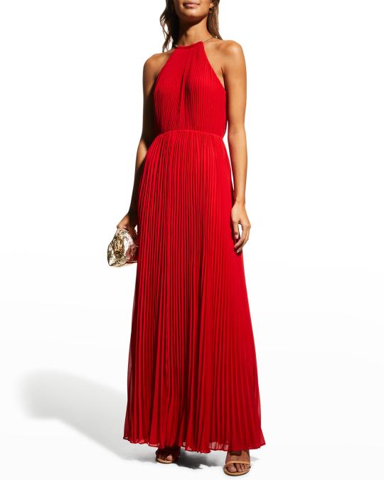 michael kors georgette pleated halter dress Michael Chain Halter-Neck Maxi tie neck