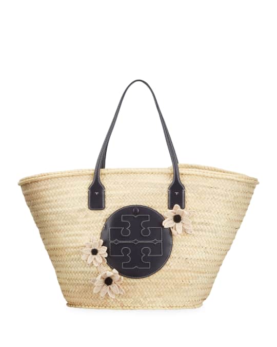 Tory Burch Ella Straw Basket Tote Bag w/ Floral Applique | Neiman Marcus