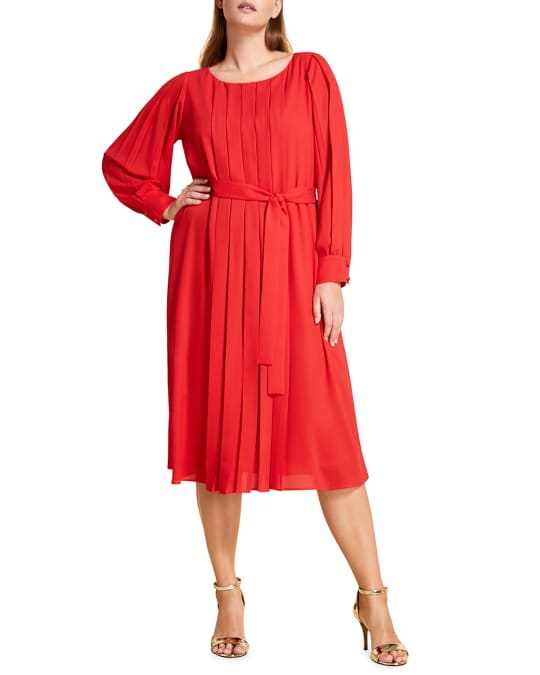 Marina Rinaldi Plus Size Destino Pleated Midi Crepe Dress | Neiman Marcus