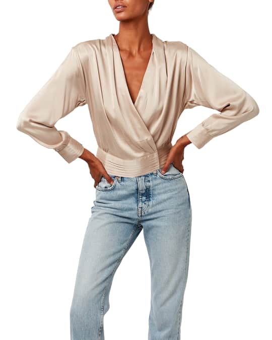 AS by DF Crema Long-Sleeve Satin Blouse | Neiman Marcus