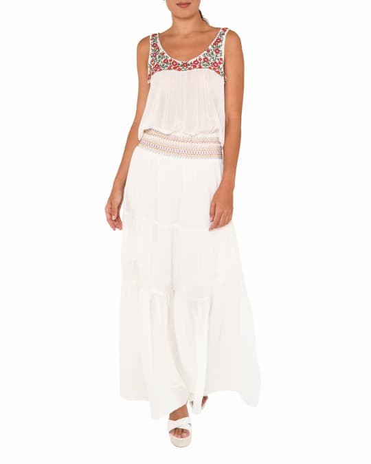 Nicole Miller Floral Embroidered Tiered Maxi Dress | Neiman Marcus