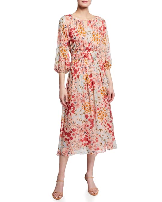 Shoshanna Villa Floral-Print 3/4-Sleeve Midi Dress | Neiman Marcus