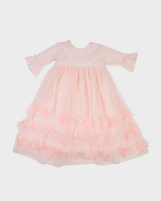 Girl's Peach Blossom Tulle Floral Lace Gown w/ Headband, Size 0-3M