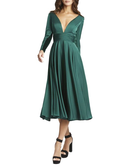 knee length dresses for ladies Long Sleeve Pleated Dress Formal Midi Mac Duggal 27148 – The Dress Outlet main image 1