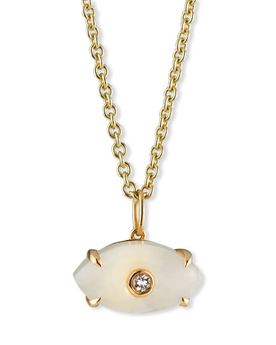 Carved Rainbow Moonstone and Diamond Evil Eye Charm Necklace