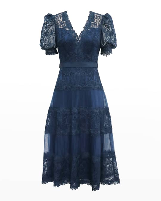 Tadashi Shoji V Neck Short Sleeve Lace Tiered Midi Dress Neiman