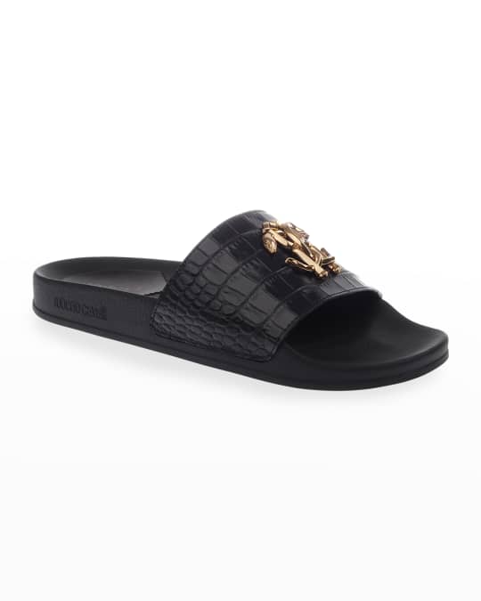 Roberto Cavalli Men s Moc Croc Logo Pool Slide Sandals Neiman Marcus