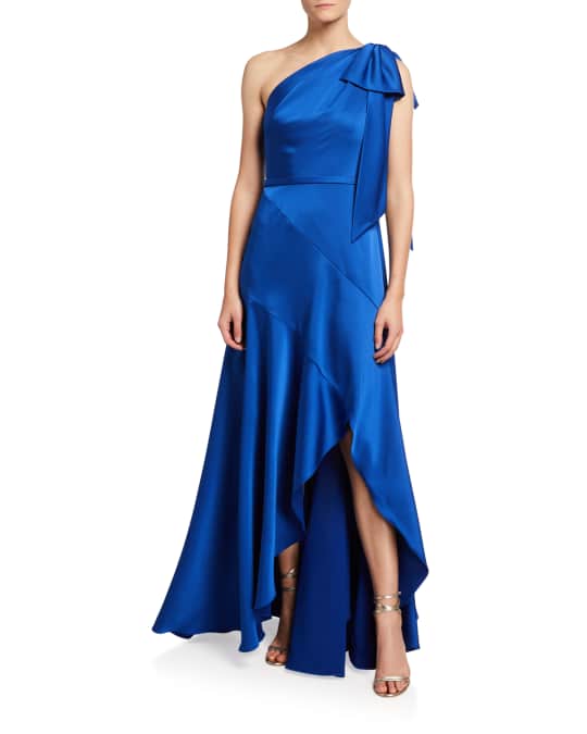 Theia Ariel One-Shoulder High-Low Satin Gown | Neiman Marcus