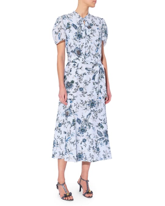 Erdem Floral Tie-Neck Silk Midi Dress | Neiman Marcus