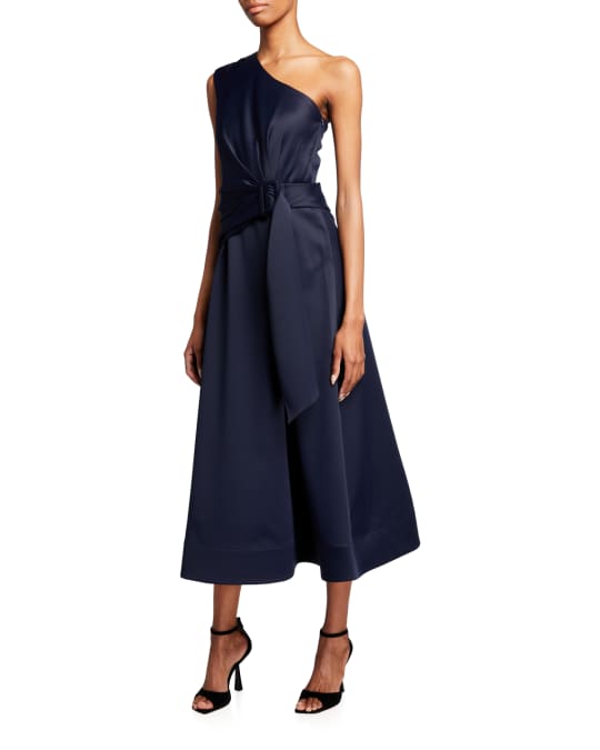 Shoshanna Belted One-Shoulder Sateen Midi Dress | Neiman Marcus