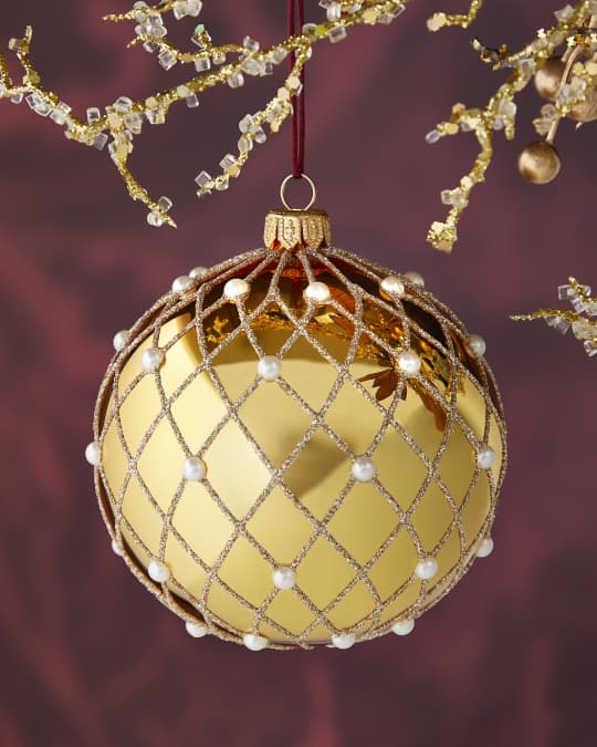 Neiman Marcus Copper Lacquer Gold Glitter White Beads Pearls Christmas