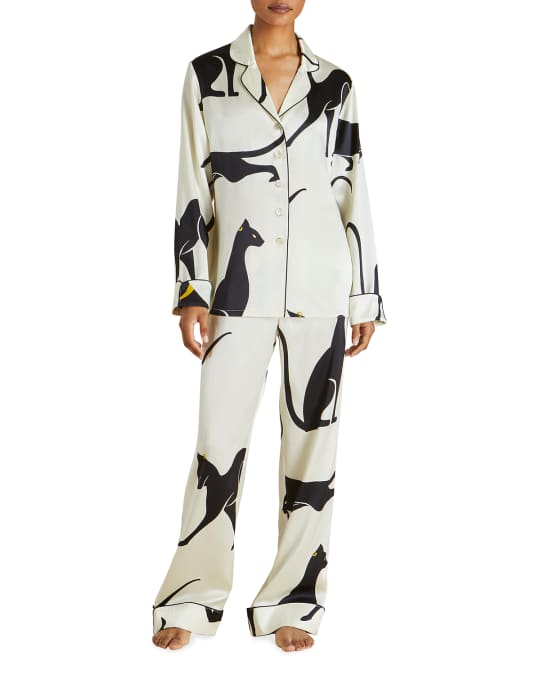 Lila Cat Print Silk Pajama Set