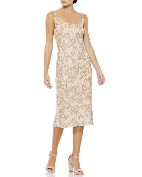 Mac Duggal Floral Beaded Scoop-Neck Midi Dress | Neiman Marcus