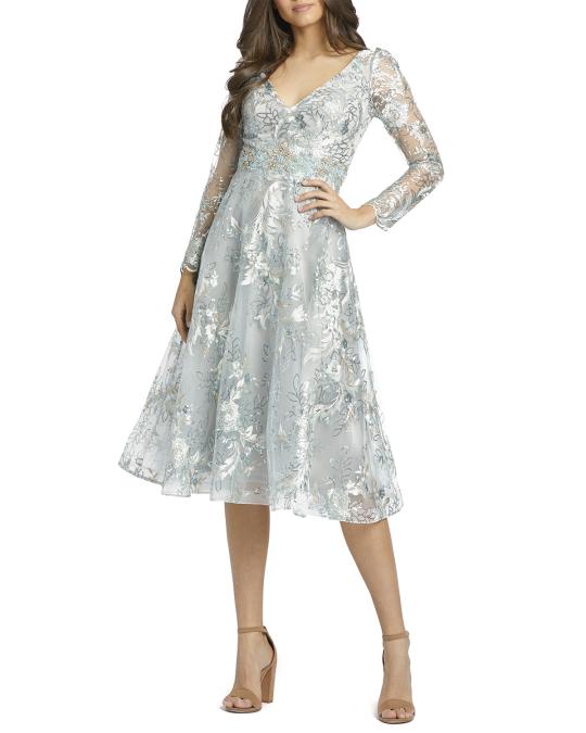 sachin and babi light blue dress Mac Duggal Sequin Embroidered Surplice V-Neck Flutter Cap Sleeve Midi  Sheath Dress