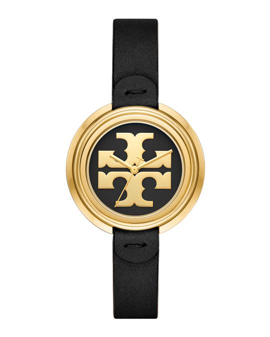 Tory Burch Miller Watch with Leather Strap, Black/Gold  display picture 3