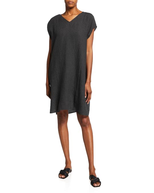 Eileen Fisher Petite VNeck Puckered Organic Linen Dress Neiman Marcus